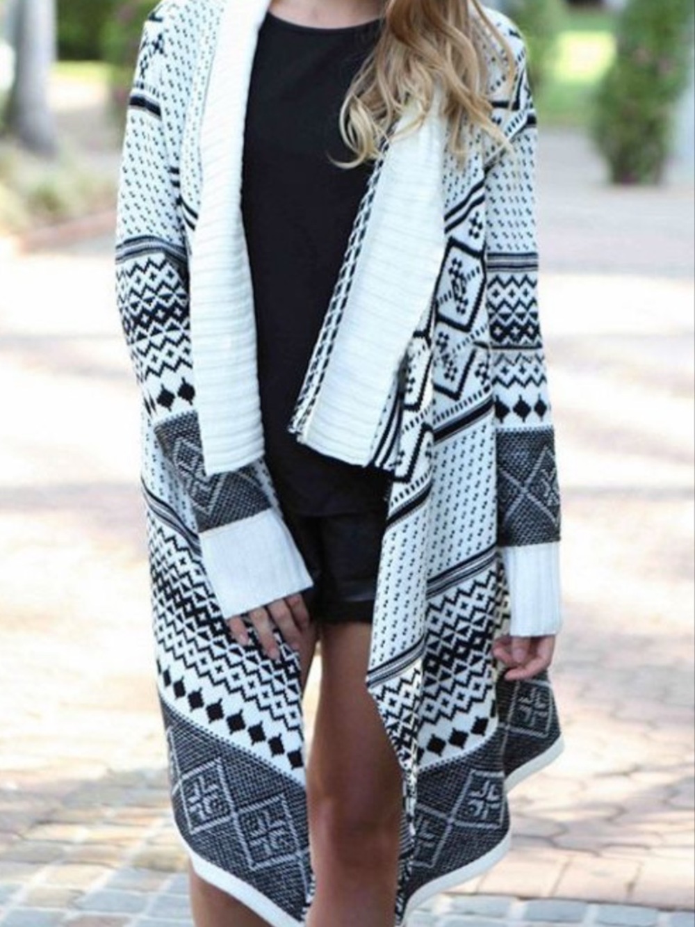 hazel Black and Tan Open-Front Geometric Knit Cardigan